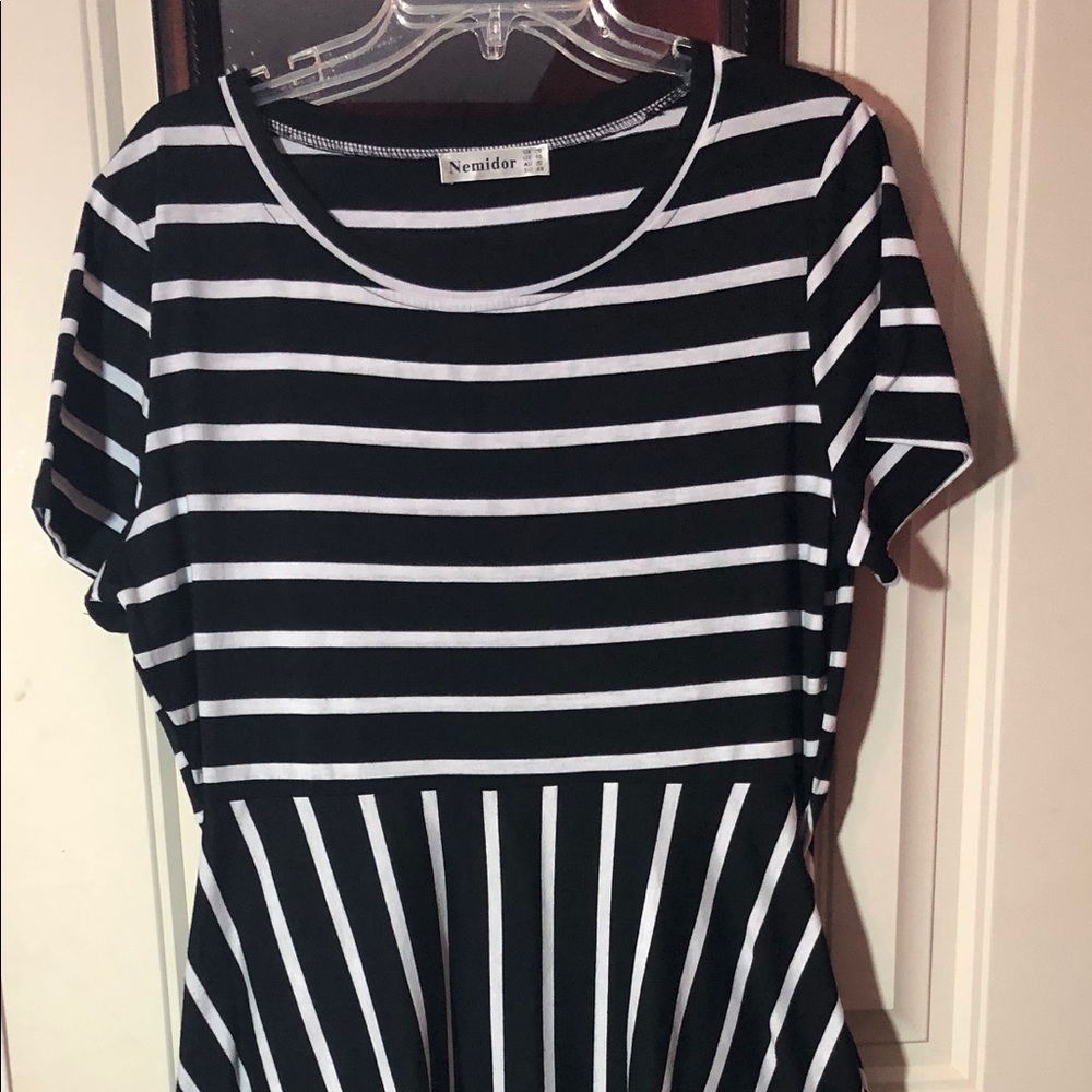 Jersey knit black and white striped dress